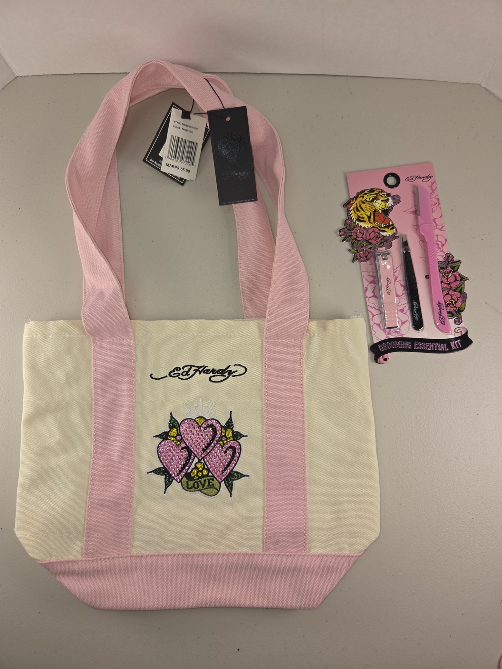 NWT Ed Hardy Kids Pink & Cream Tote Bag with Heart Design & Razor Set